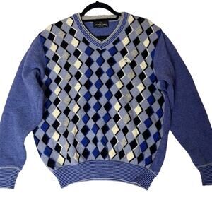 Vintage Monte Carlo Lambswool Dad Sweater Men’s 40 Blue Argyle Knit Golf Prep